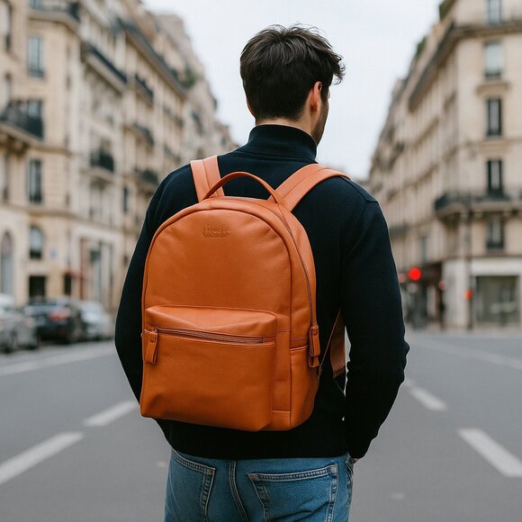 Genuine Leather Backpack |16" H Orange Travel Backpack for Women & Men Daily Use - Picture 2 of 10